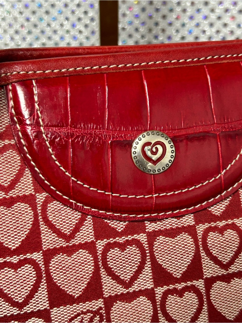 Brighton Red Heart Pattern Canvas and Leather Tote Bag Approx 15 x 9 x 4 - Picture 7 of 17